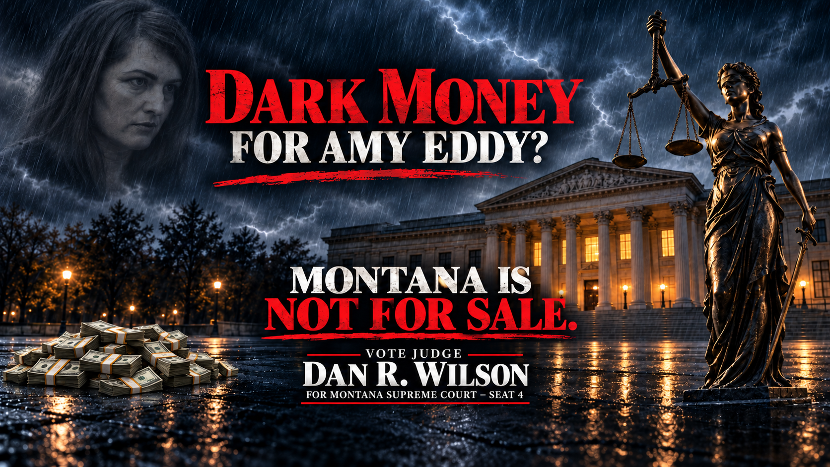 Dark Money for Amy Eddy Montana is Not for Sale. There is a pile of cash in front of the Montana Supreme Court. 