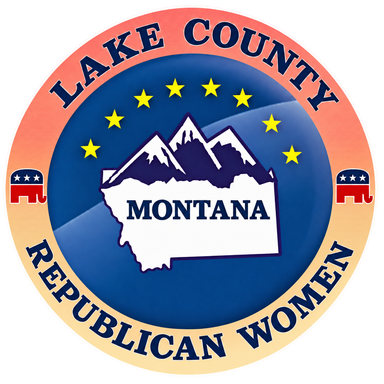 Lake County Republican Women circular logo featuring a red-to-gold gradient outer ring with navy blue lettering, Republican elephant symbols, and a blue center displaying Montana’s state outline, snowcapped mountains, and eight gold stars.