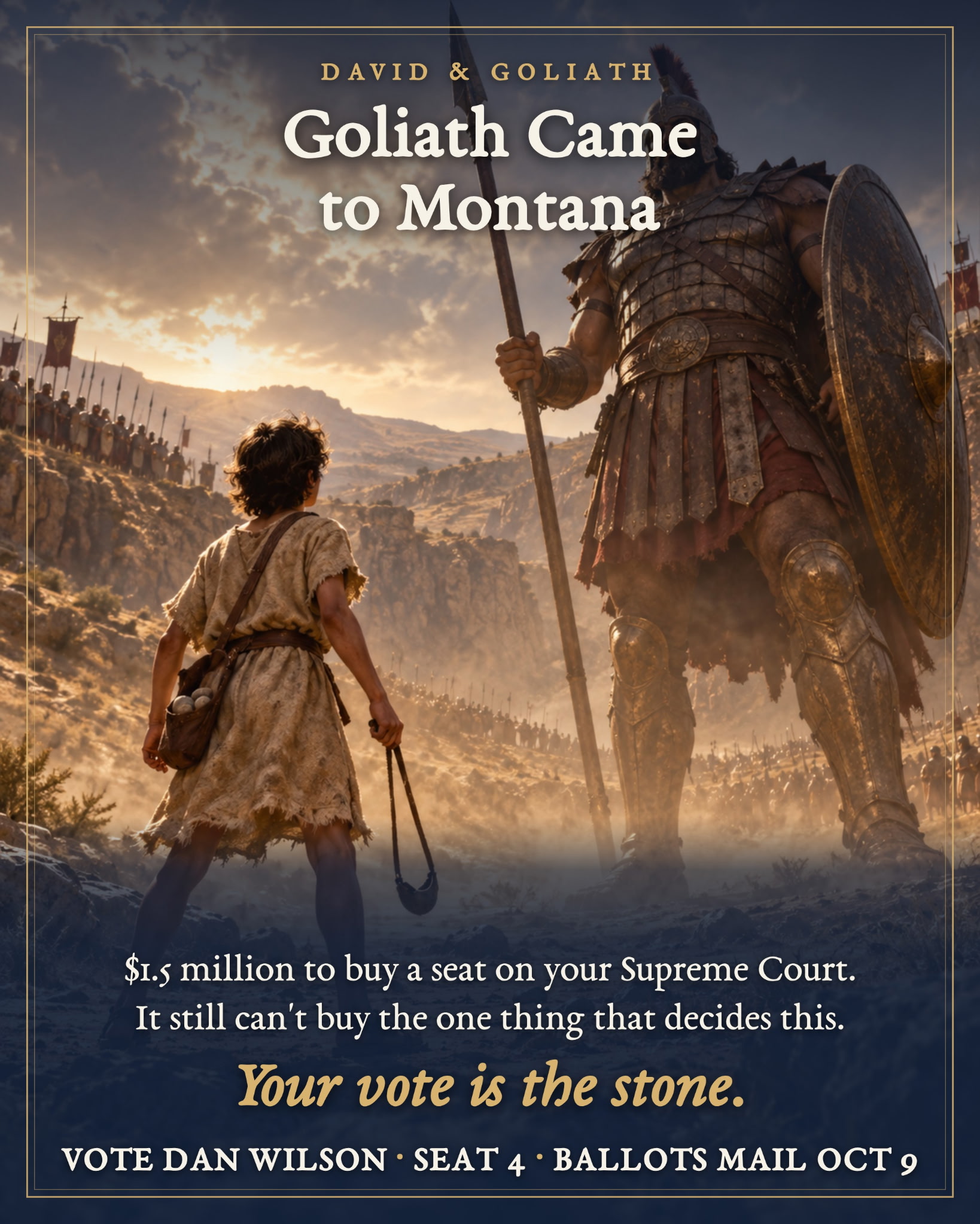 Political campaign graphic showing David, a young boy in a rough tunic holding a sling with stones in a shoulder pouch, facing a towering, armored Goliath carrying a spear and shield. Soldiers line a rocky valley beneath a dramatic sunset sky. A thin gold border frames the image. Text reads: “DAVID & GOLIATH. Goliath Came to Montana. $1.5 million to buy a seat on your Supreme Court. It still can’t buy the one thing that decides this. Your vote is the stone. VOTE DAN WILSON · SEAT 4 · BALLOTS MAIL OCT 9.